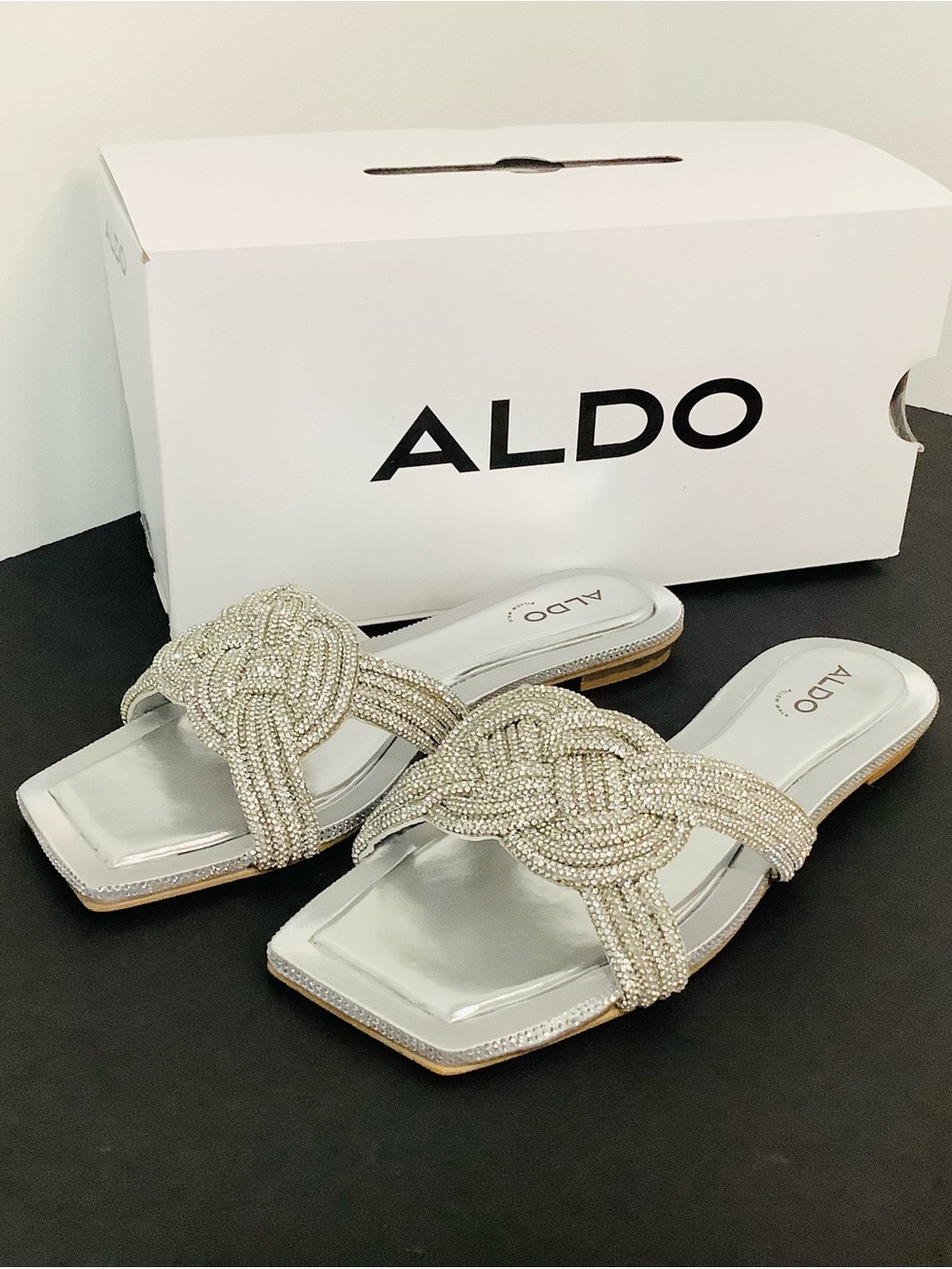 ALDO Karlina Silver Knotted Beaded Slide Mules, Women’s Sz. 6.5 , Brand New
